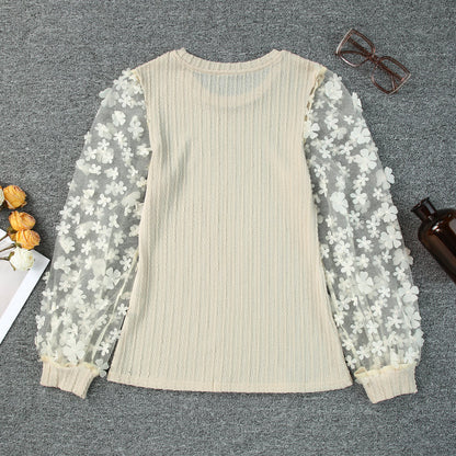 Women Fashion Blouse Mesh Long Sleeves Small Flower