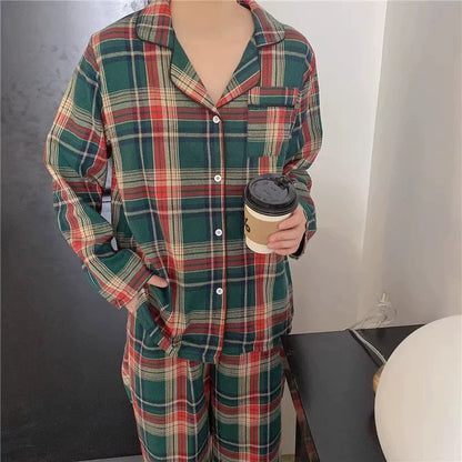 K-style Ins Spring & Fall Winter Christmas Plaid Cotton and Linen Pajamas Long Sleeves Pants Loose