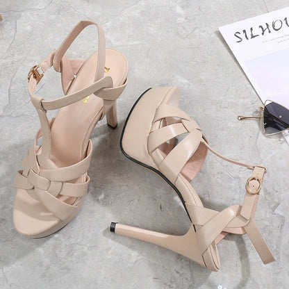 One-Word Waterproof Platform Apricot Open Toe 12cm High Heels Women Shoes