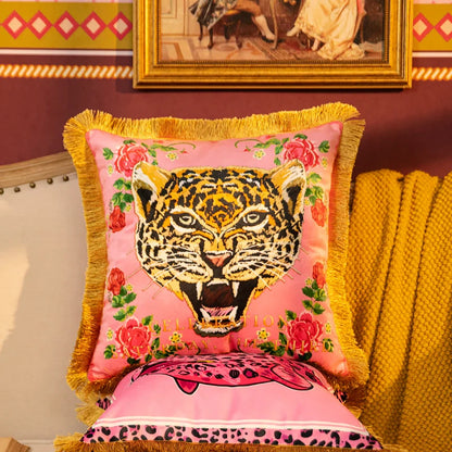 Luxury Pink Tiger Pillowcase Double-sided Velvet Tassel Living Room Sofa Decoration Square Cushion Cover