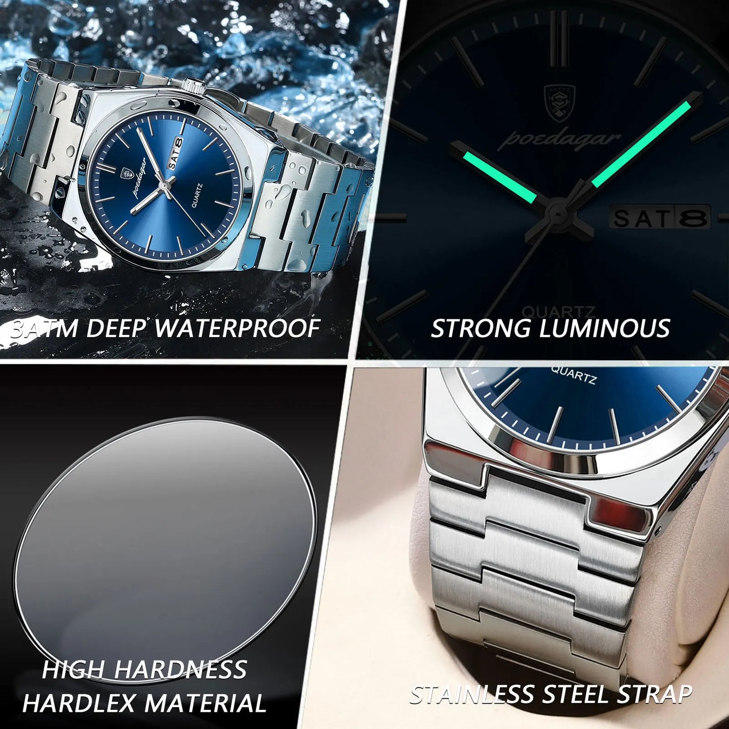 Men's Luxury Quartz Watch Stainless Steel Waterproof Luminous Date Week