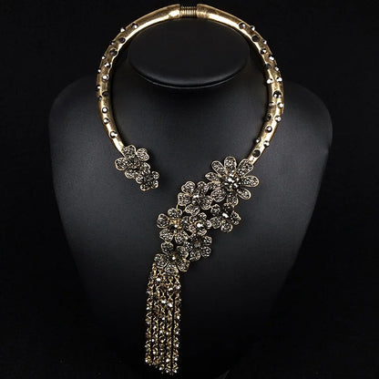Baroque Open Choker Necklace Women Layered Crystal Tassel Large Collar Necklace Jewelry