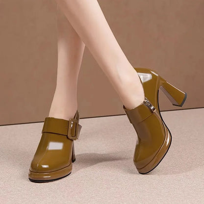 New Black Round Head Thick High Heel Women Pump Shoes