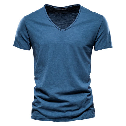 S-5XL 100% Cotton Men's T-Shirts Fashion Design V-neck Casual Slim Fit