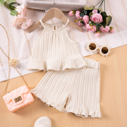 Summer Fashion Sleeveless Ruffle Tank Top & Shorts Solid Two-Piece Outfit Toddler Girl Set