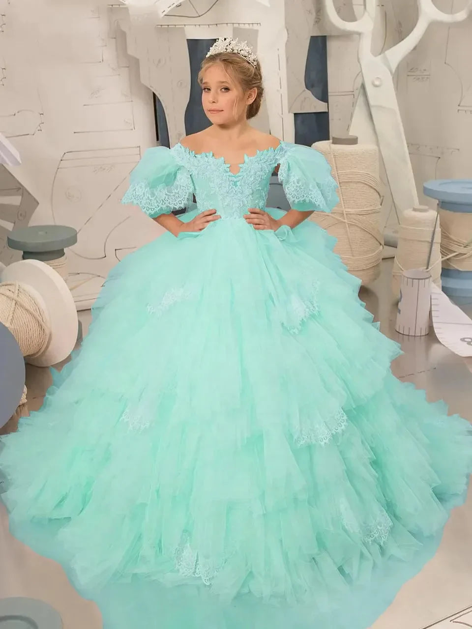 Elegant Puffy Sleeves Flower Girl Dresses for Wedding Robe A-Line First Communion Pageant Party Gowns