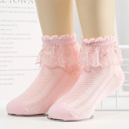Breathable Cotton Socks with Ruffle Lace