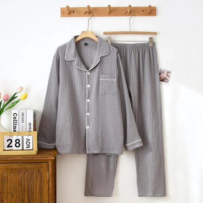Spring and Autumn Couple Pajamas Set 100%Cotton Crepe Long Sleeve Pants Two Piece Men's and Women's Large Size