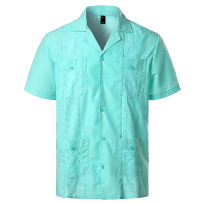Men's Traditional Cuban Collar Guayabera Shirts Short Sleeve Embroidered w 4 Pockets
