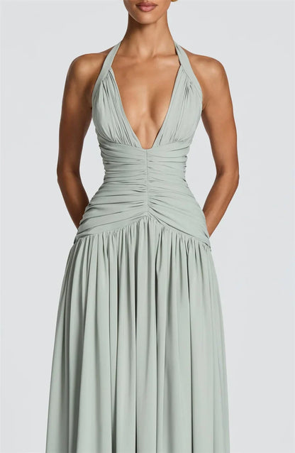 Elegant Halter Deep V Neck Sexy Maxi Women Dress Off-shoulder Sleeveless