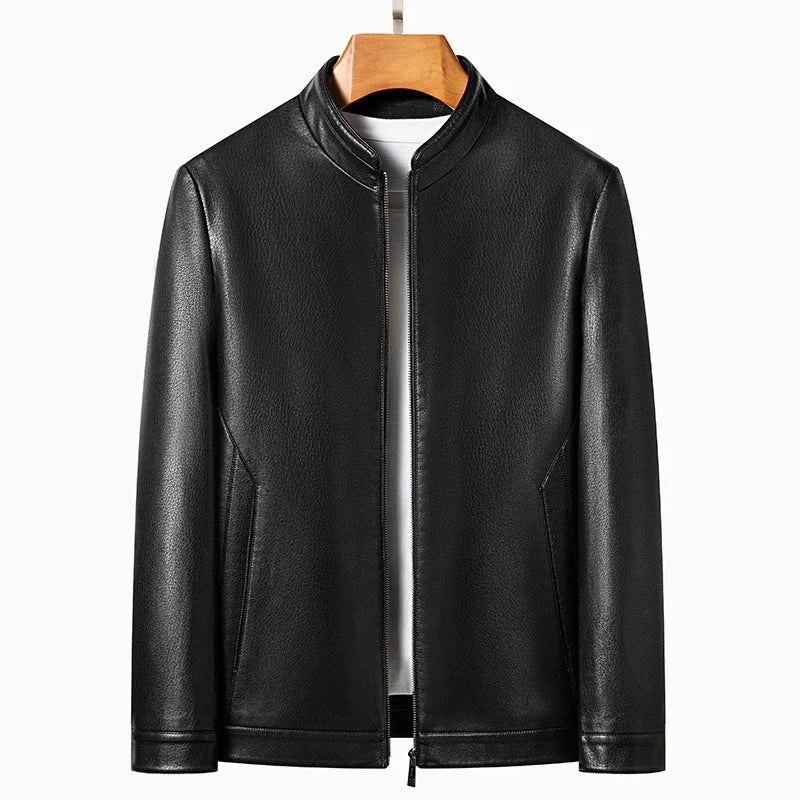 Men's Genuine Leather Polo Mock Neck Jacket Slim Sheepskin Coat Spring and Autumn