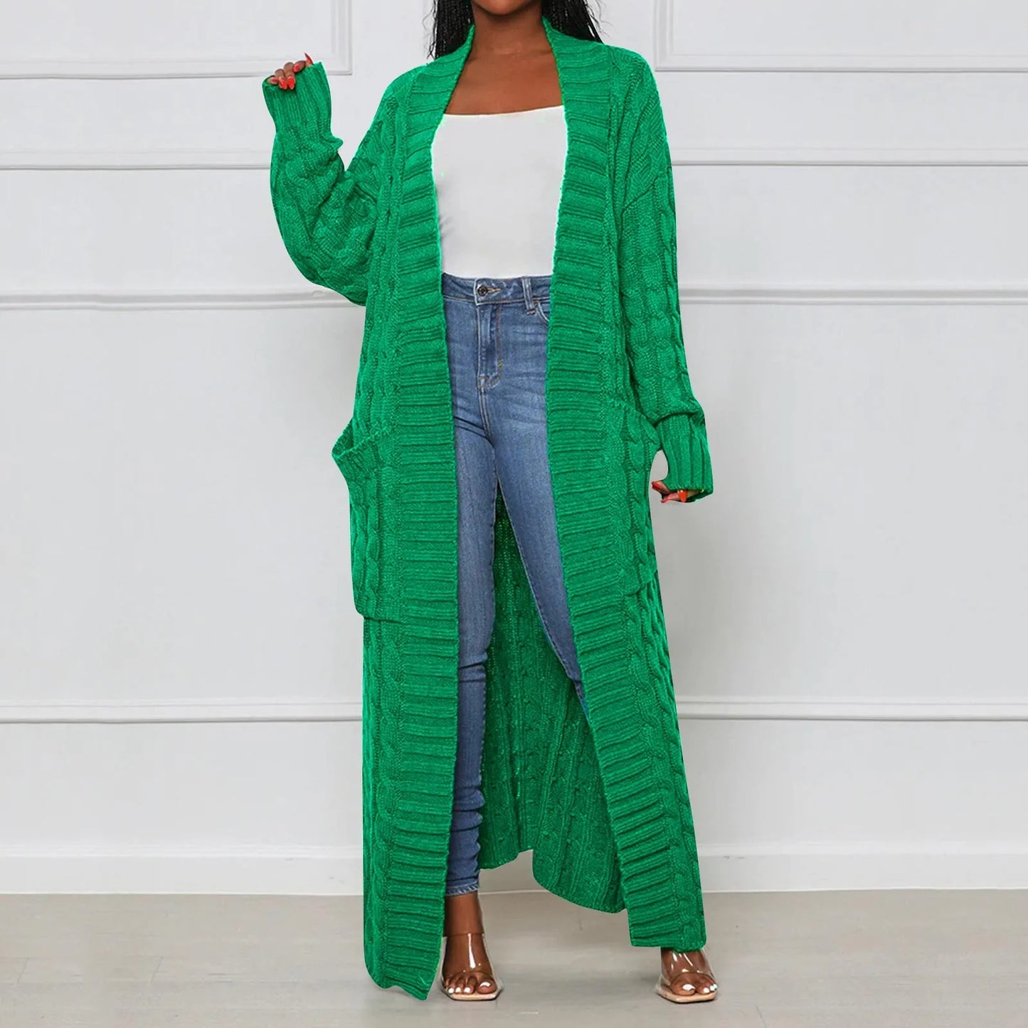 Women's Elegant Wool Ankle Length Knit Cardigan Open Front Long Sleeve Pocket Sweater