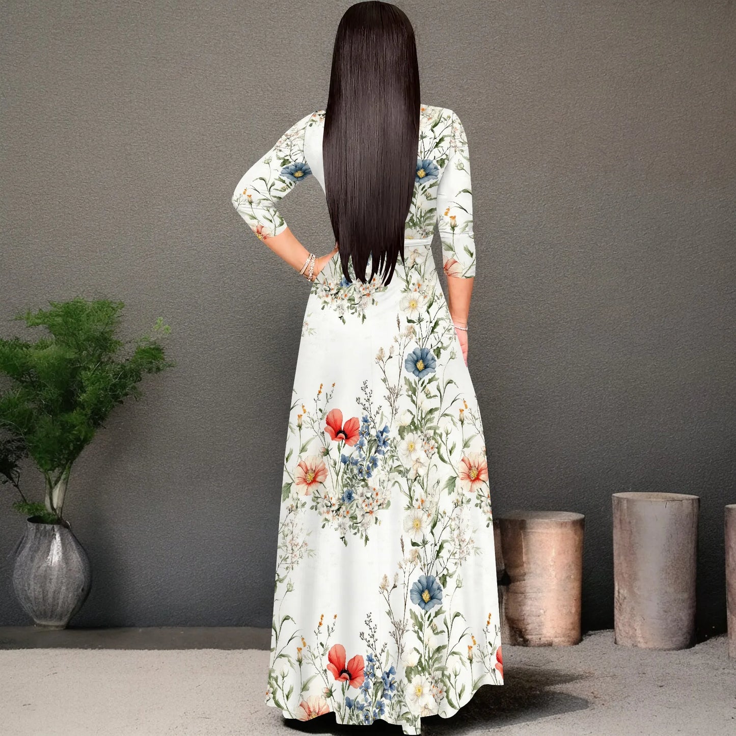 Romantic Floral V-Neck 3/4 Sleeve Wrap Maxi Dress with Belt