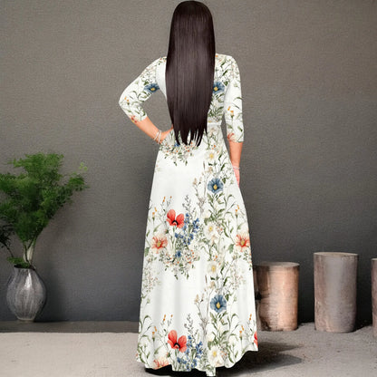 Romantic Floral V-Neck 3/4 Sleeve Wrap Maxi Dress with Belt
