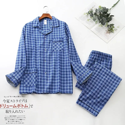 Spring Autumn Winter Long-sleeved Men's Trousers Pajama Set Suits Brushed Cloth Cotton Plaid