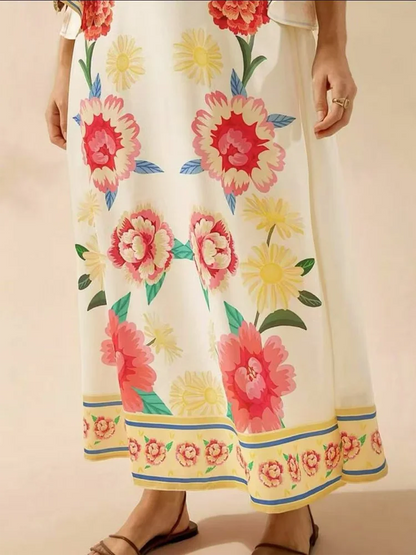 Women Summer Vintage Deep V Coconut Tree Print Flare Sleeve A-line Maxi Dress