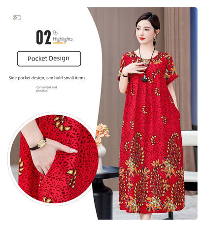 Noble over-the-Knee Middle-Aged Ladieswear Large Swing Noil Poplin Dress