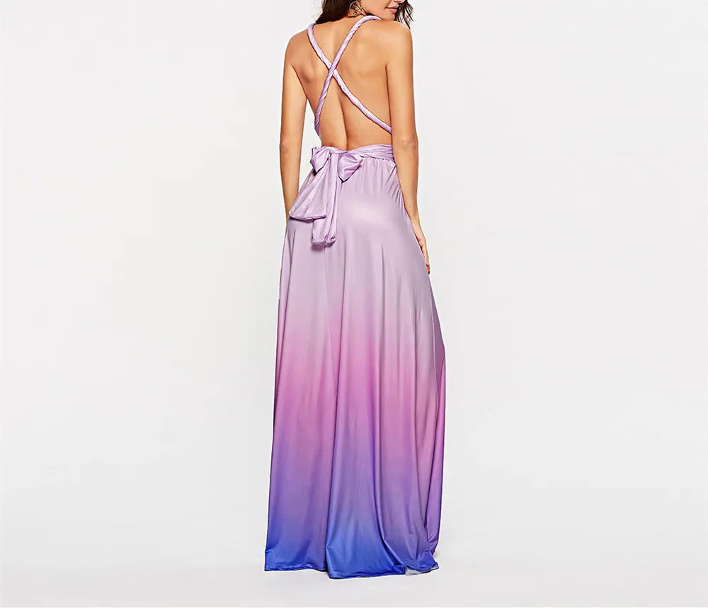 Multicolor Color Maxi Dress for Women Wrap Convertible Cross Bandage Sexy Backless