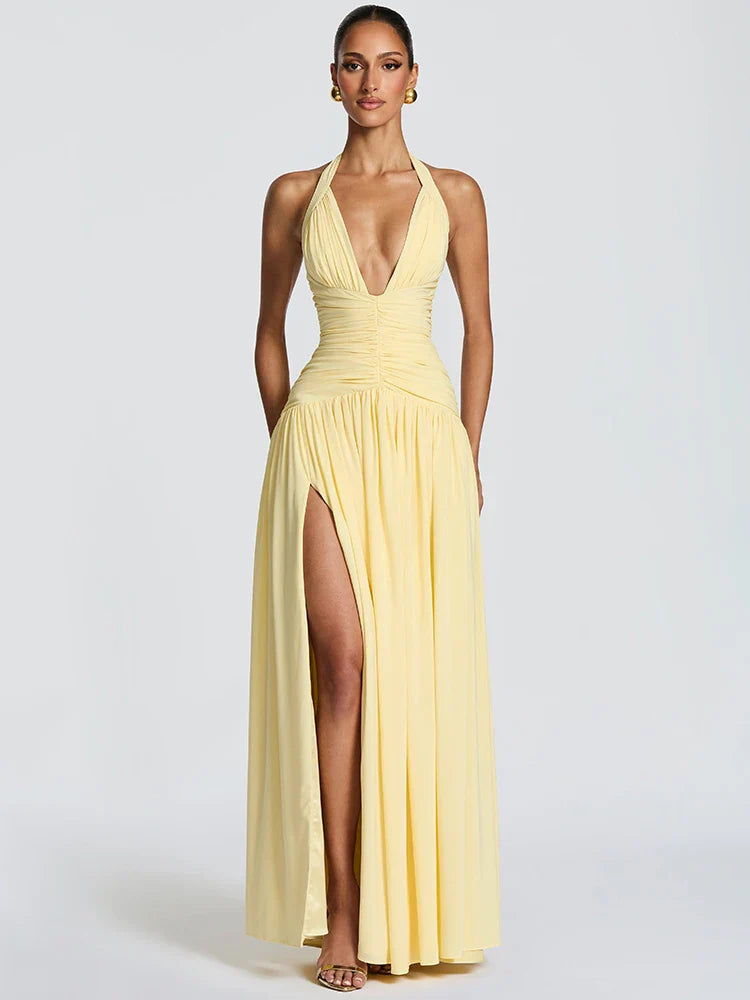 Elegant Halter Deep V Neck Sexy Maxi Women Dress Off-shoulder Sleeveless