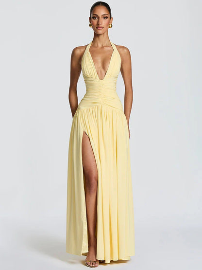 Elegant Halter Deep V Neck Sexy Maxi Women Dress Off-shoulder Sleeveless