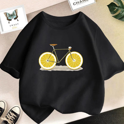 Kids T Shirt Cute Lemon Fruit Cartoon Bike Printed Tops Tee Short Sleeve Graphic Summer Fashion Boy Girl Clothing Unisex T-shirt