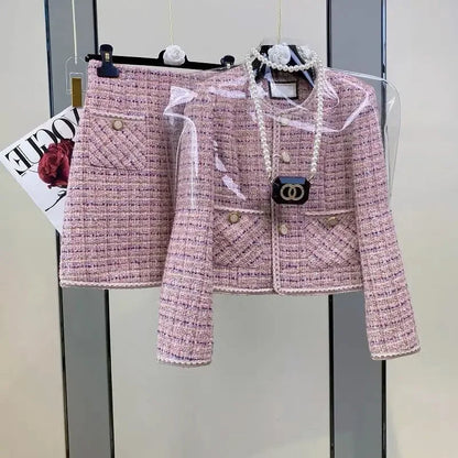 Women Elegant Winter Tweed Fragrant Suit Jacket Coat Top & Skirt Two Piece Set