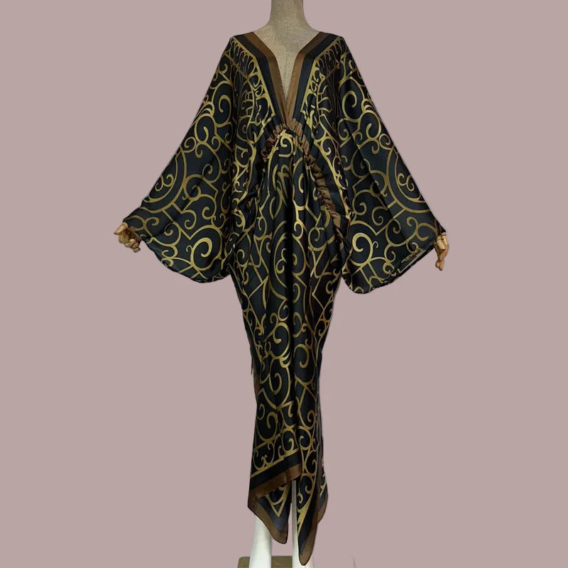 Sexy Silk Long Maxi Robe Women V-neck Bohemian Dress