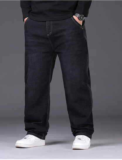 34-50 Sizes Men's Stretch Jeans Straight Leg Denim Pants Extended Sizing Blue/Black Streetwear Relaxed Fit for Work & Casual