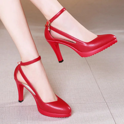 High quality elegant leather shoe for women 8cm high heel platform point toe