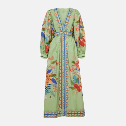 Bohemian retro ethnic style heavy-duty print elegant waist-defining slimming short vacation dress