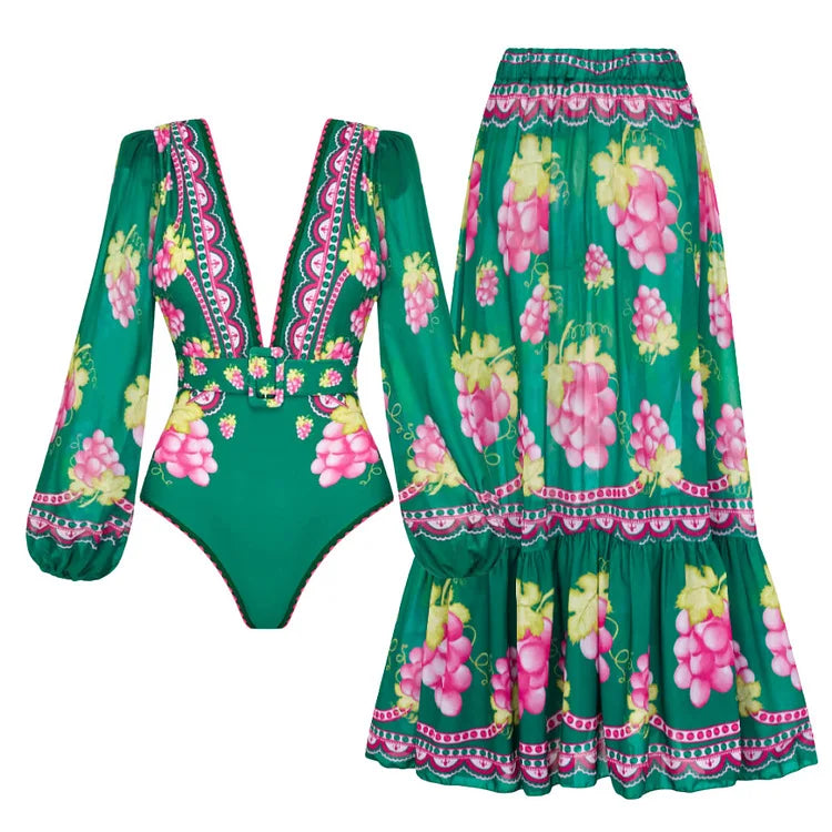 Swimwear 2PC Cover-up Swimsuit Ruffle Printed Deep V One-piece Kimono Bikini Suit