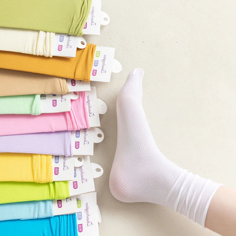Multicolor Solid Color Ice Silk Velvet Mid Tube Women summer Socks Soft Thin