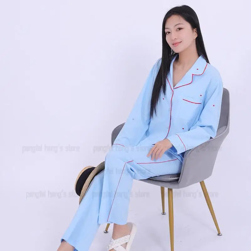 Women Luxury Embroidery Pajama Set Cotton Sleepwear Long Sleeve