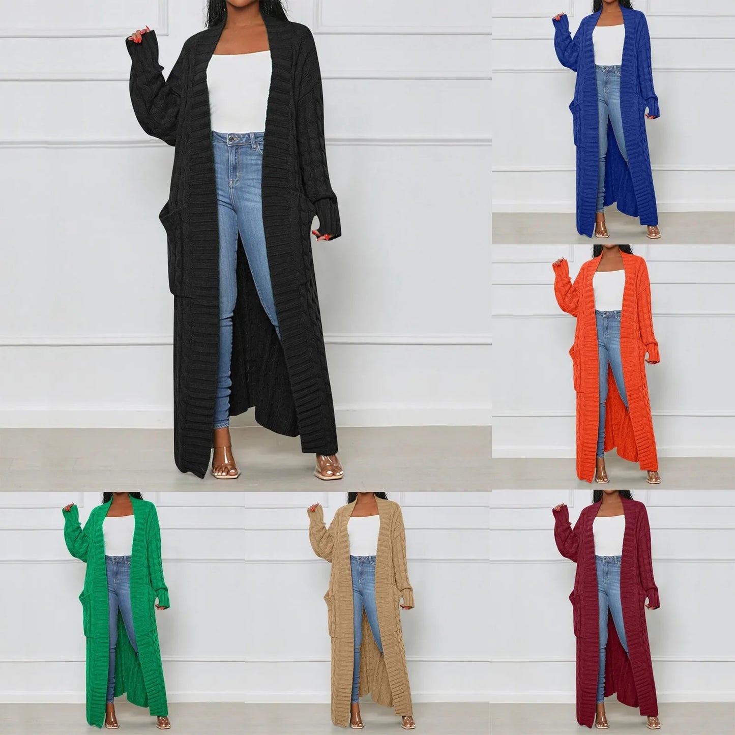 Women's Elegant Wool Ankle Length Knit Cardigan Open Front Long Sleeve Pocket Sweater