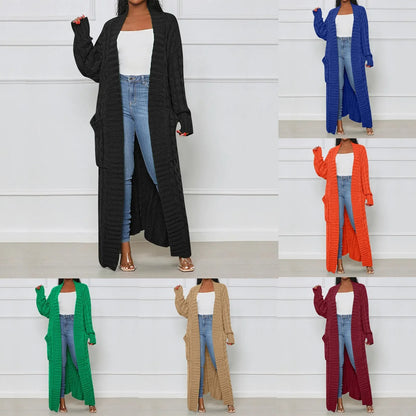 Women's Elegant Wool Ankle Length Knit Cardigan Open Front Long Sleeve Pocket Sweater