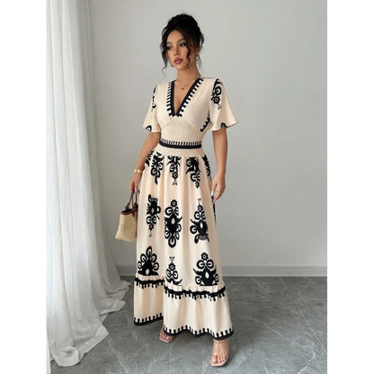 Women Summer Long Dress Vintage Print Maxi Gown V Neck Short Sleeve Tight Waist A Line