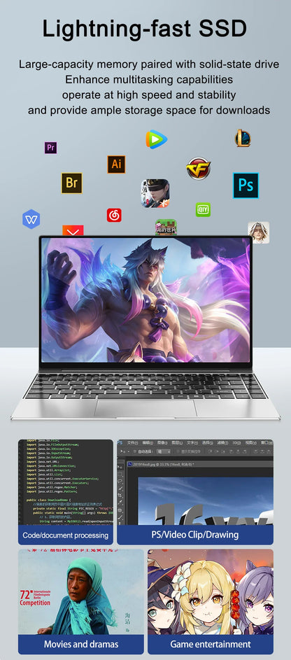 14.1 Inch FHD Ultra Thin Laptop Intel N3700/4405U Win11 DDR4 16GB/32GB RAM 2TB SSD Portable Business Office Notebook PC