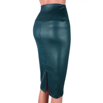 Elegant High Waist Split Faux Women Leather Pencil Skirt Knee Length
