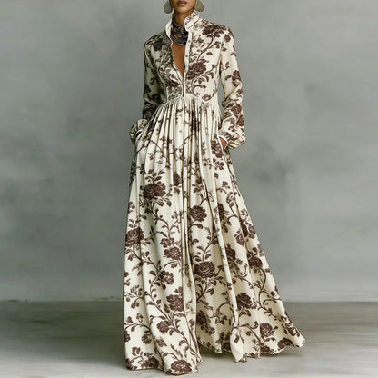 Retro Pattern Print High Waist Pleated Women Boho Dress Spring Shirt Collar Button Pockets Maxi Dress Long Sleeve