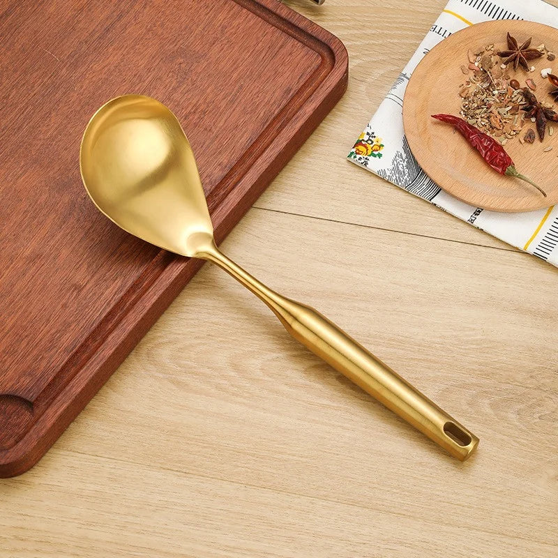 1/7Pcs Stainless Steel Kitchenware - Gold Soup Spoon Noodle Colander Hot Pot Spoon Rice Spoon Kitchen Cooking Frying Tool
