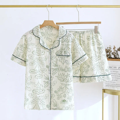 Summer pajamas short-sleeved shorts two-piece cotton crepe