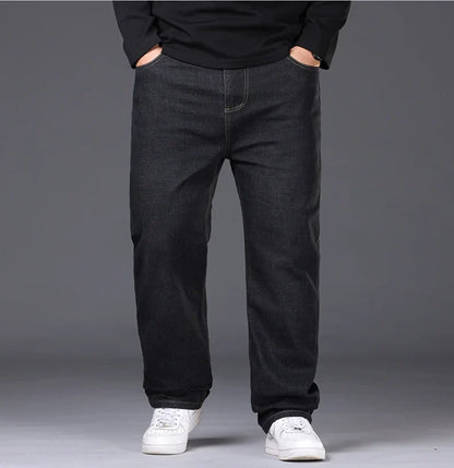 34-50 Sizes Men's Stretch Jeans Straight Leg Denim Pants Extended Sizing Blue/Black Streetwear Relaxed Fit for Work & Casual