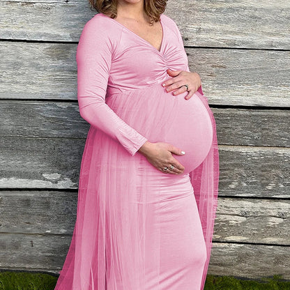 Maternity Long Sleeved Floor Length Mesh Dress