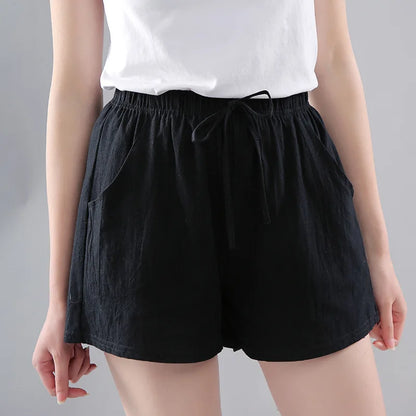 Women Summer Shorts Korean Wide Leg Casual Solid Drawstring Elastic Waist Cotton