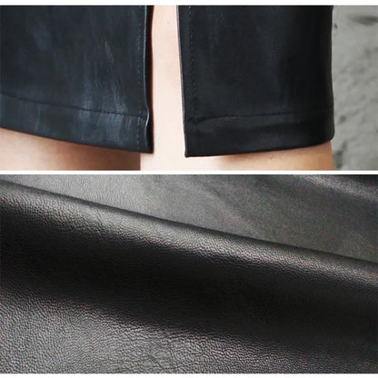 Black Leather Autumn Women Skirt Midi PU Pencil Skirt Hip Front or Back Slit