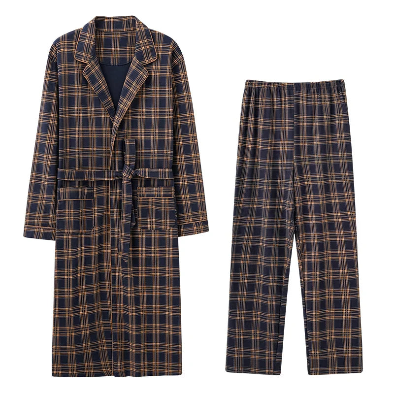 Men’s Cotton Robe Long Sleeve Kimono Bathrobe With Long Pants 2pcs Robes Set Sleepwear Spring Autumn V-Neck Plaid Pajama
