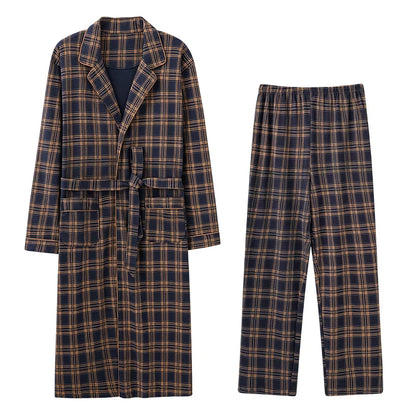 Men’s Cotton Robe Long Sleeve Kimono Bathrobe With Long Pants 2pcs Robes Set Sleepwear Spring Autumn V-Neck Plaid Pajama