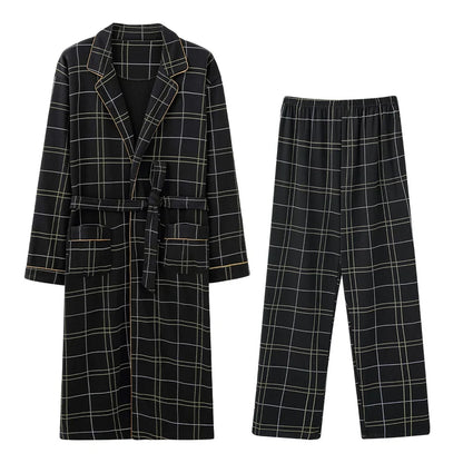 Men’s Cotton Robe Long Sleeve Kimono Bathrobe With Long Pants 2pcs Robes Set Sleepwear Spring Autumn V-Neck Plaid Pajama
