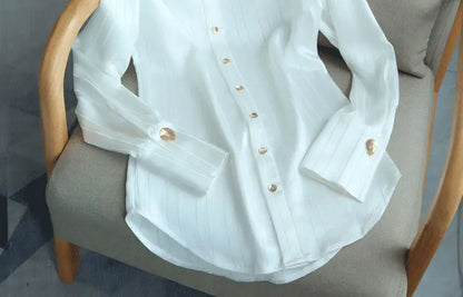 White Striped Shirt For Women's Single Breasted Loose Fitting Shirt