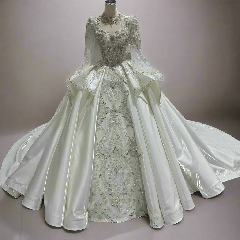 Charming Wedding Beading O-Neck Satin Bridal Dress Gowns Ruffles Long Sleeves